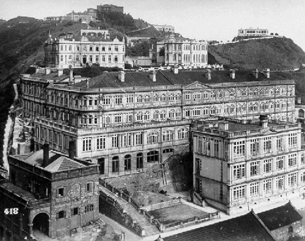 Sepia 1926 photograph of the colonial Peak Hotel complex on the slopes of Victoria Peak, Hong Kong
